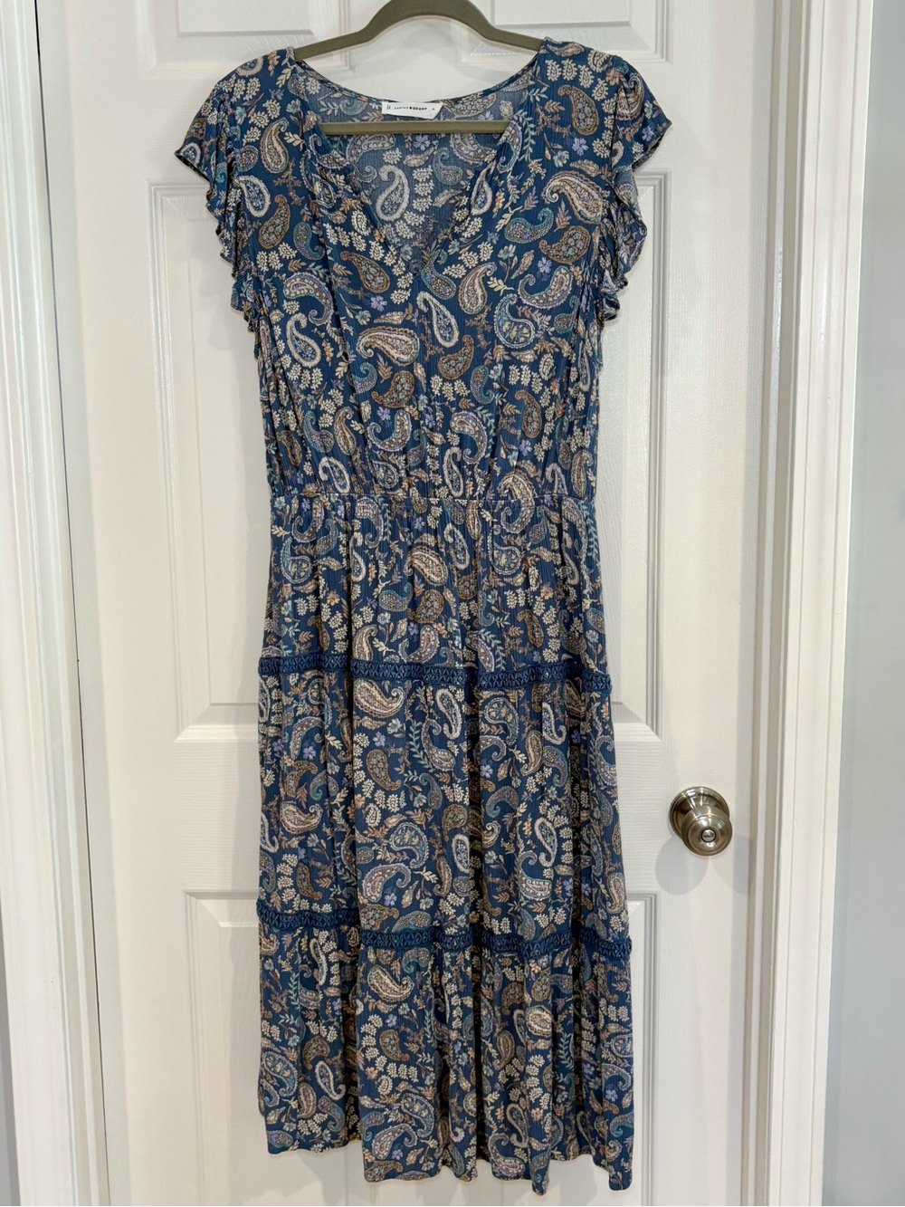 Lucky Brand Blue Paisley Tiered Midi Flutter Sleeve Split Neck Boho Dress XL